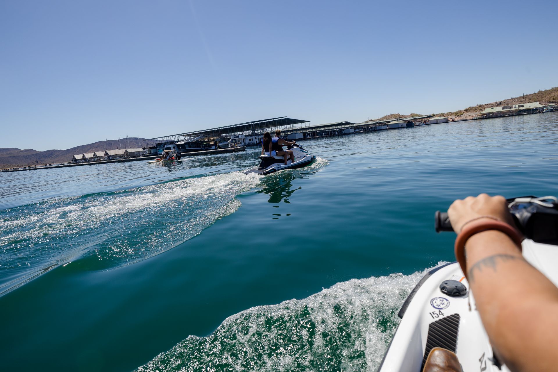 View from the driver’s seat of a jet ski near Scorpion Bay Marina at Lake Pleasant